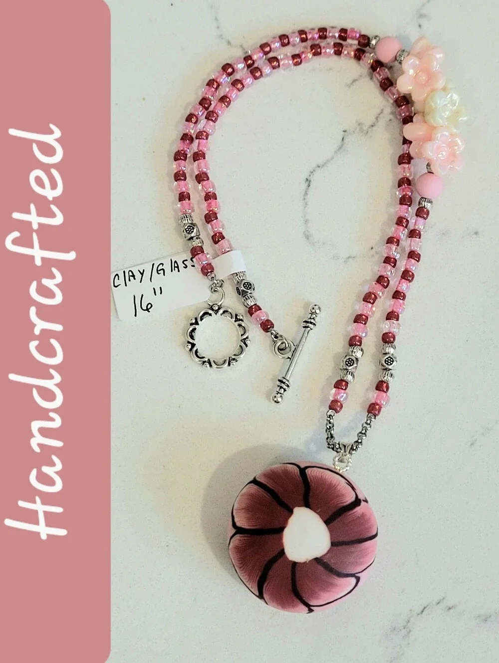 Hand Crafted Kids' Pink Floral Pendant Beaded Necklace